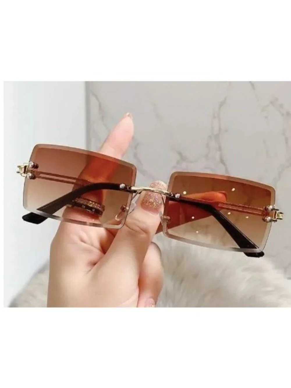 Rimless Rectangle Sunglasses Tea Brown Lenses Gold Tone Frame Y2K Retro Unisex